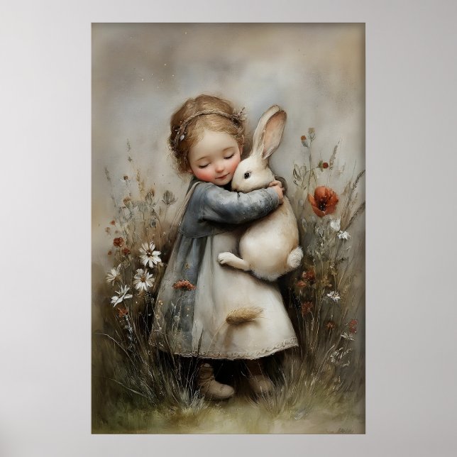 Póster Chica Abraza Conejo Imprimible, Conejo Rústico (Frente)