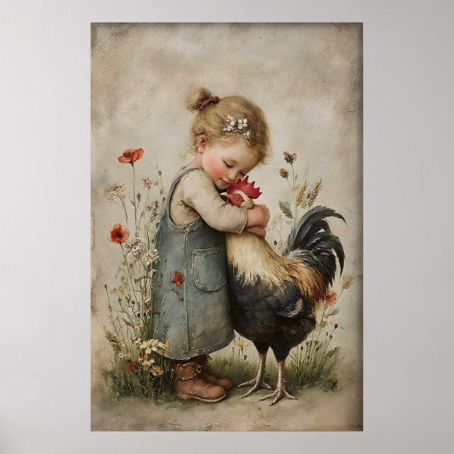 Póster Chica Abraza Gallo Imprimible, Pollo Rústico (Frente)