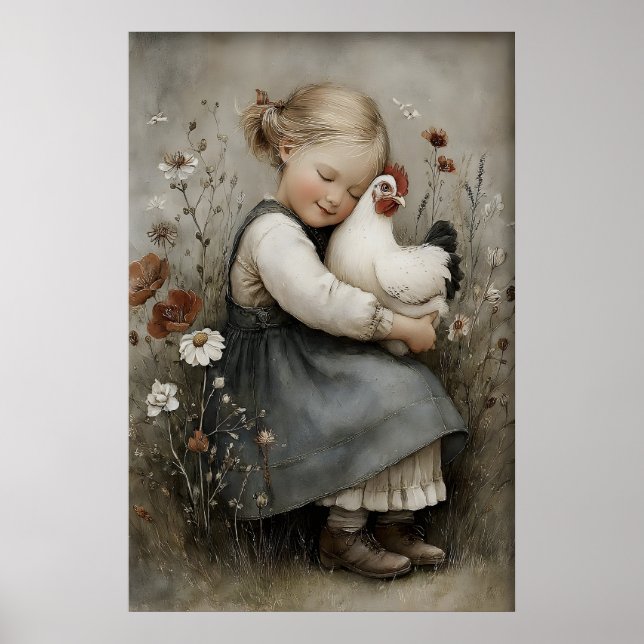 Póster Chica Abraza Pollo Imprimible, Gallo Rústico (Frente)