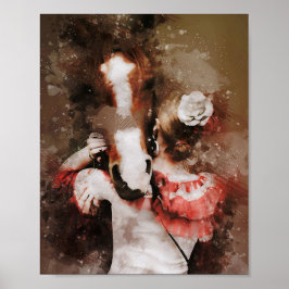 Póster chica abrazando caballo hermosa pintura acuarela