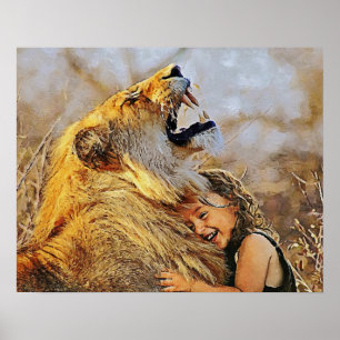 Póster Chica abrazando una pared de león para decorar.