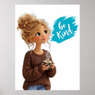 Póster Chica Acogedora con Suéter de Café en Granos Poste