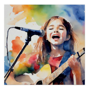Póster Chica acuarela cantando y tocando la guitarra, col