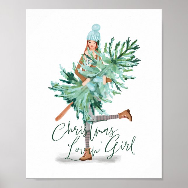Póster Chica acuarela sostiene árbol de Navidad evergreen (Frente)