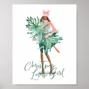 Póster Chica acuarela sostiene árbol de Navidad verde