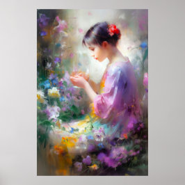 Póster Chica admirando una flor en sus manos