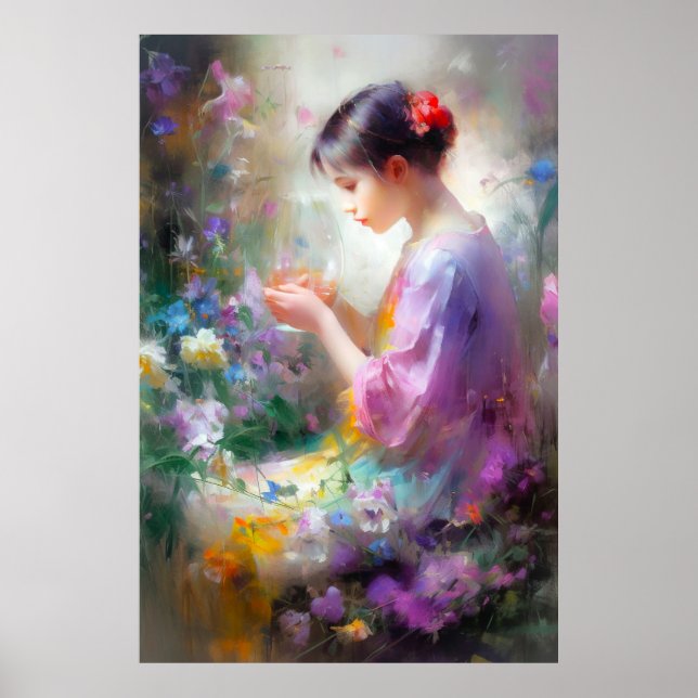 Póster Chica admirando una flor en sus manos (Frente)