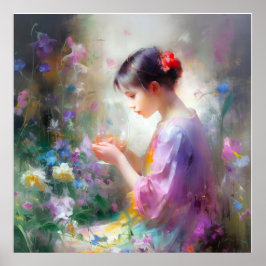 Póster Chica admirando una flor en sus manos