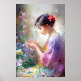 Póster Chica admirando una flor en sus manos