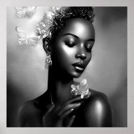 Póster Chica africana blanco y negro mariposa monocroma