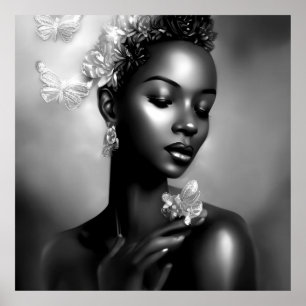 Póster Chica africana blanco y negro mariposa monocroma