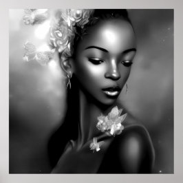 Póster Chica africana de blanco y negro Mariposa monocrom