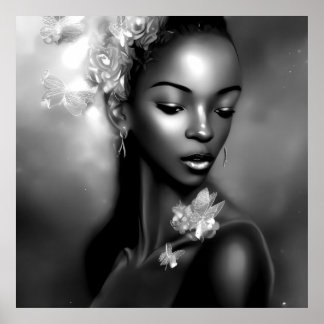 Póster Chica africana de blanco y negro Mariposa monocrom