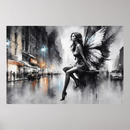 Póster Chica alado místico urbano blanco y negro