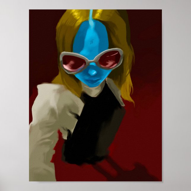 Póster Chica Alienigena llamada "Blue" ve rojo a través d (Frente)
