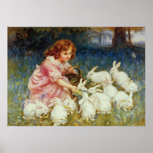 Póster Chica alimentando Conejos blancos
