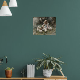 Póster Chica Alimentando Conejos Blancos Pintura Impresio