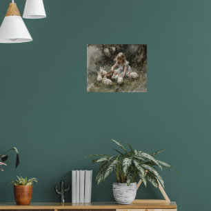 Póster Chica Alimentando Conejos Blancos Pintura Impresio