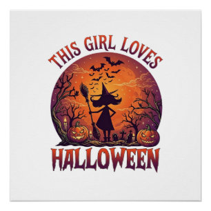 Póster Chica Ama Bruja de Halloween Calabazas Murciélagos
