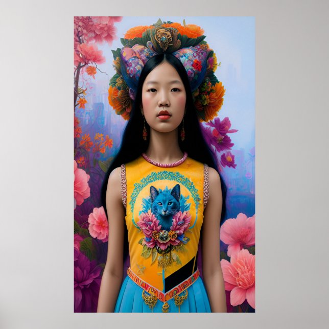 Póster Chica amante del gato con flores (Frente)
