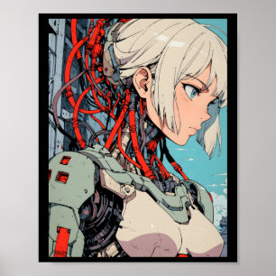Póster Chica Androide Cibernética Anime Retro Futurista S