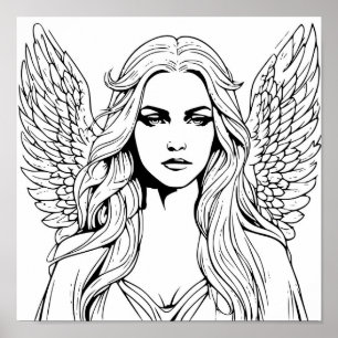 Póster Chica ángel de la guarda negro y blanco