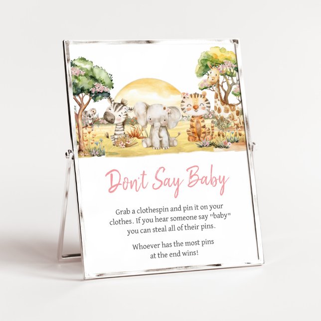 Póster Chica animales de Safari de la Selva Floral no dic (Girl Safari Animals Baby Shower Don't Say Baby Sign)