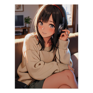 Póster Chica Anime Acogedora Auriculares Música Estética