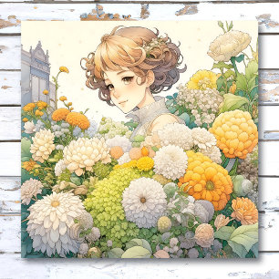 Póster Chica Anime Bonita con Flores Amarillas y Blancas 