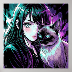 Póster Chica anime bonita y gato siamés