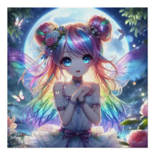 Póster Chica Anime Cabello Arcoíris Cantando Hada Luna