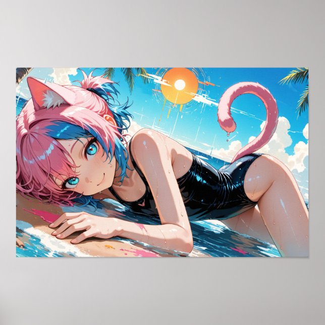 Póster Chica Anime Cat Summer Beach Fun (Frente)