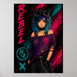 Póster Chica Anime Ciberpunk Neon Negro