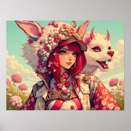 Póster Chica anime con criatura fantasía, poscruce