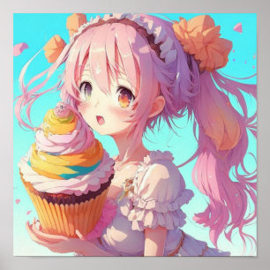 Póster Chica Anime con Cupcake Caprichoso