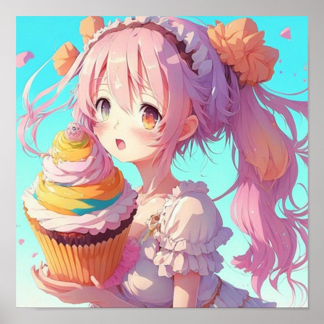 Póster Chica Anime con Cupcake Caprichoso (Frente)