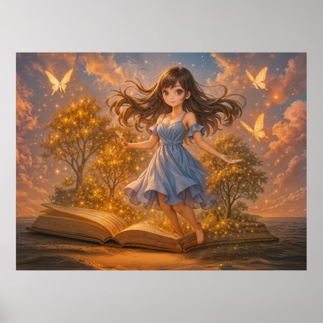 Póster Chica anime con poderes mágicos en libros (Frente)