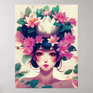 Póster Chica Anime Coronada con Flores de Loto
