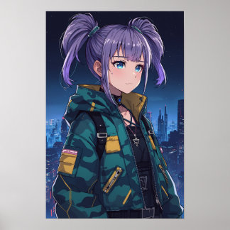 Póster Chica Anime Cyberpunk Coletas Chaqueta Camuflaje A