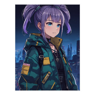 Póster Chica Anime Cyberpunk Coletas Chaqueta Camuflaje A