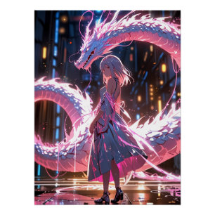 Póster Chica Anime Cyberpunk Dragón Neon Arte Fantasía