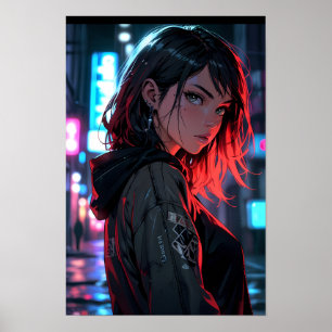 Póster Chica Anime de Streetwear Cyberpunk Calle Ciudad N
