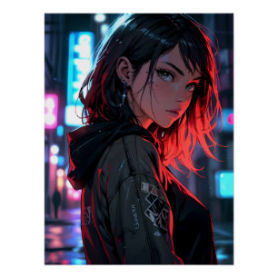 Póster Chica Anime de Streetwear Cyberpunk Calle Ciudad N