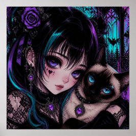 Póster Chica Anime Emo Gótica & Gato