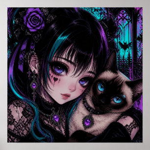 Póster Chica Anime Emo Gótica & Gato