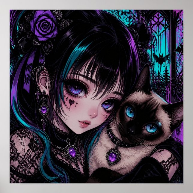 Póster Chica Anime Emo Gótica & Gato (Frente)