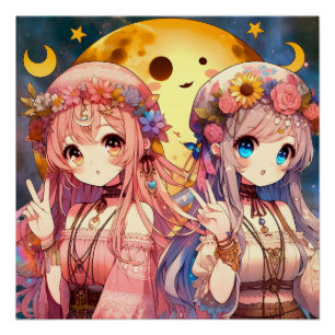 Póster Chica Anime Hippie Luna Chicas Dando Signo de Paz