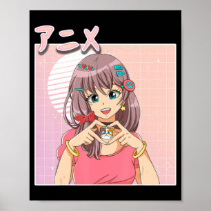 Póster Chica anime japonés retro vaporwave estético rosad