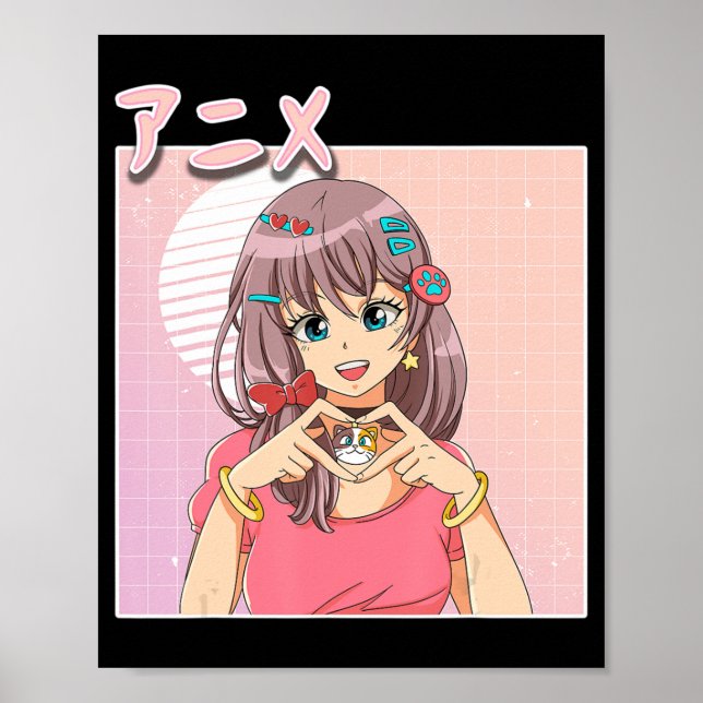 Póster Chica anime japonés retro vaporwave estético rosad (Frente)