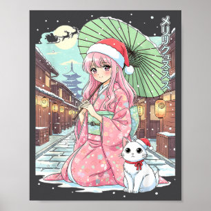 Póster Chica Anime Kimono Navidad Japón Gato Navidad Japó
